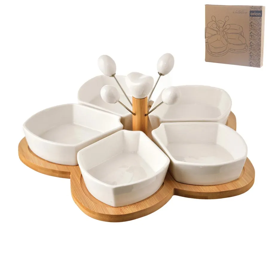 Portionsschüssel + Spieß + Serviertablett aus Bambus. WHITELINE-Set